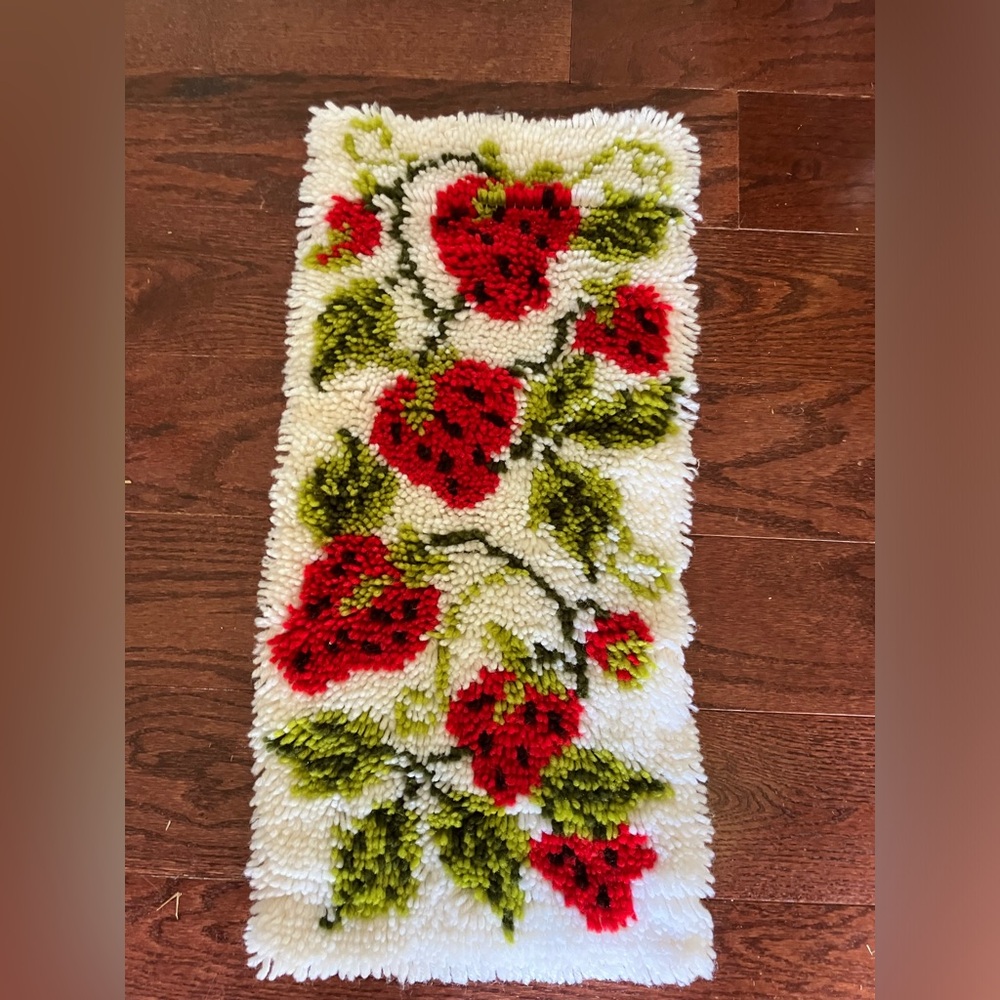 Vintage 1970s Strawberry Latch Hook Rug Wall Hanging Decor